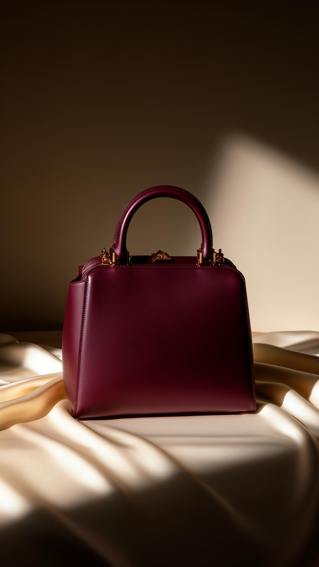 Burgundy designer handbag on silk